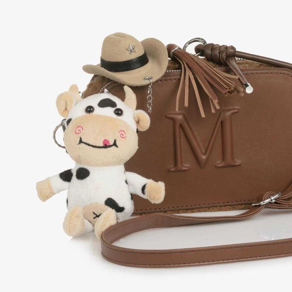 Monnalisa-Girls Brown Faux Leather Shoulder Bag with Cow Charm (20cm) | Childrensalon