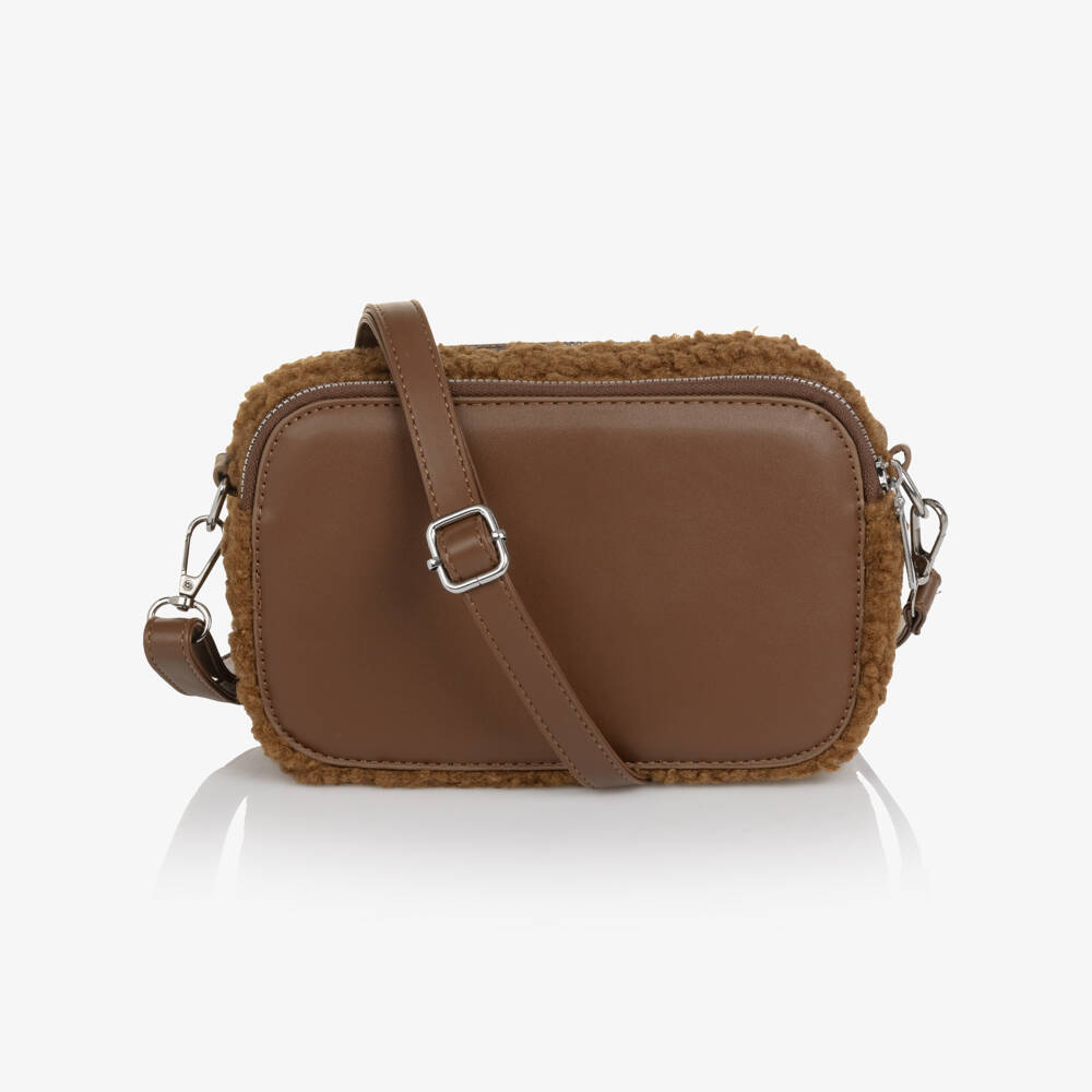 Monnalisa-Girls Brown Faux Leather Shoulder Bag with Cow Charm (20cm) | Childrensalon