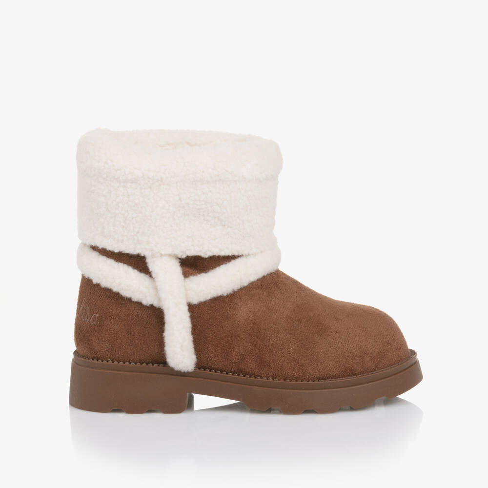 Monnalisa-Girls Brown Faux Suede & Sherpa Fleece Boots | Childrensalon