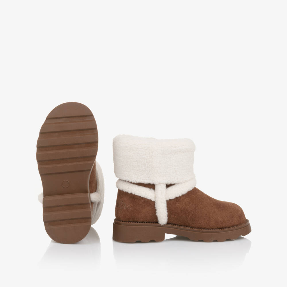 Monnalisa-Girls Brown Faux Suede & Sherpa Fleece Boots | Childrensalon
