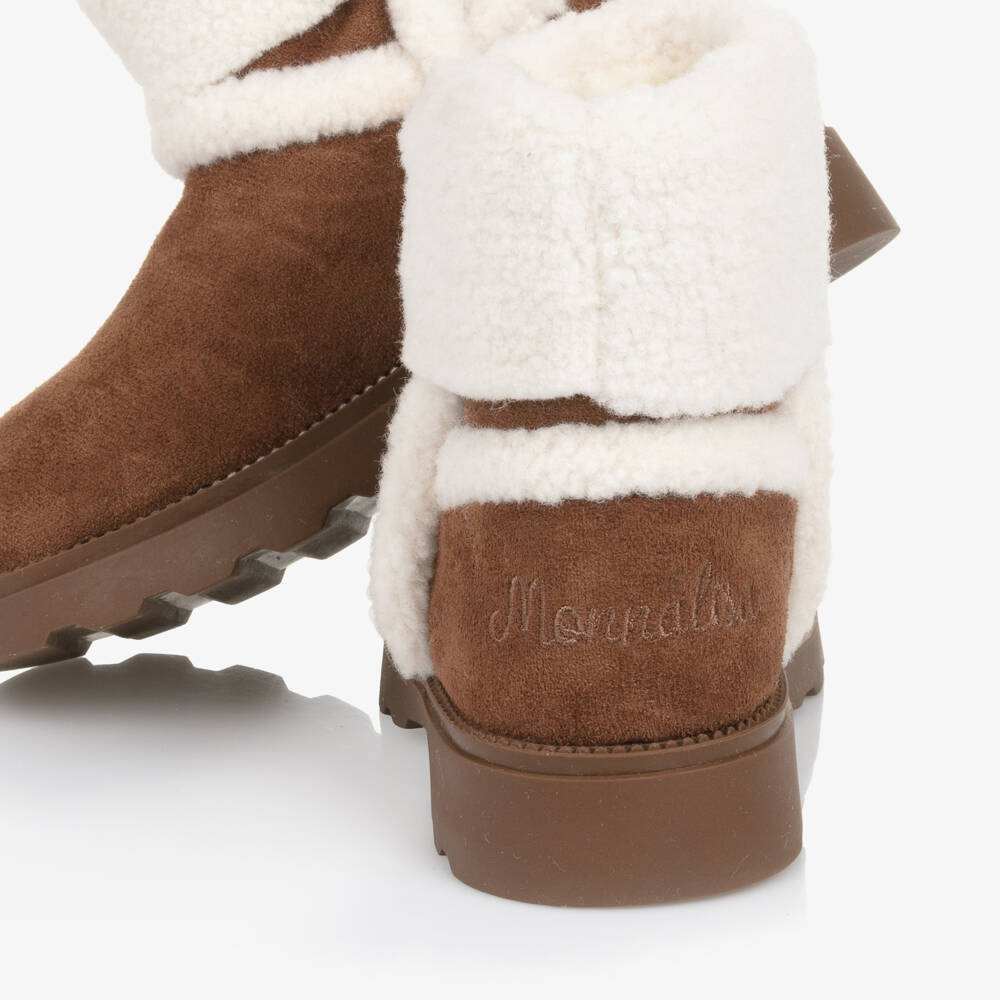 Monnalisa-Girls Brown Faux Suede & Sherpa Fleece Boots | Childrensalon