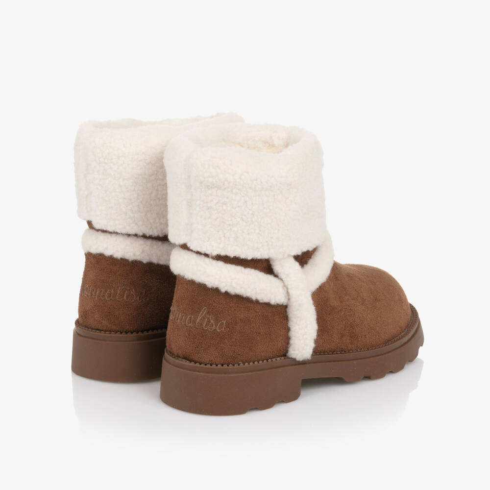 Monnalisa-Girls Brown Faux Suede & Sherpa Fleece Boots | Childrensalon