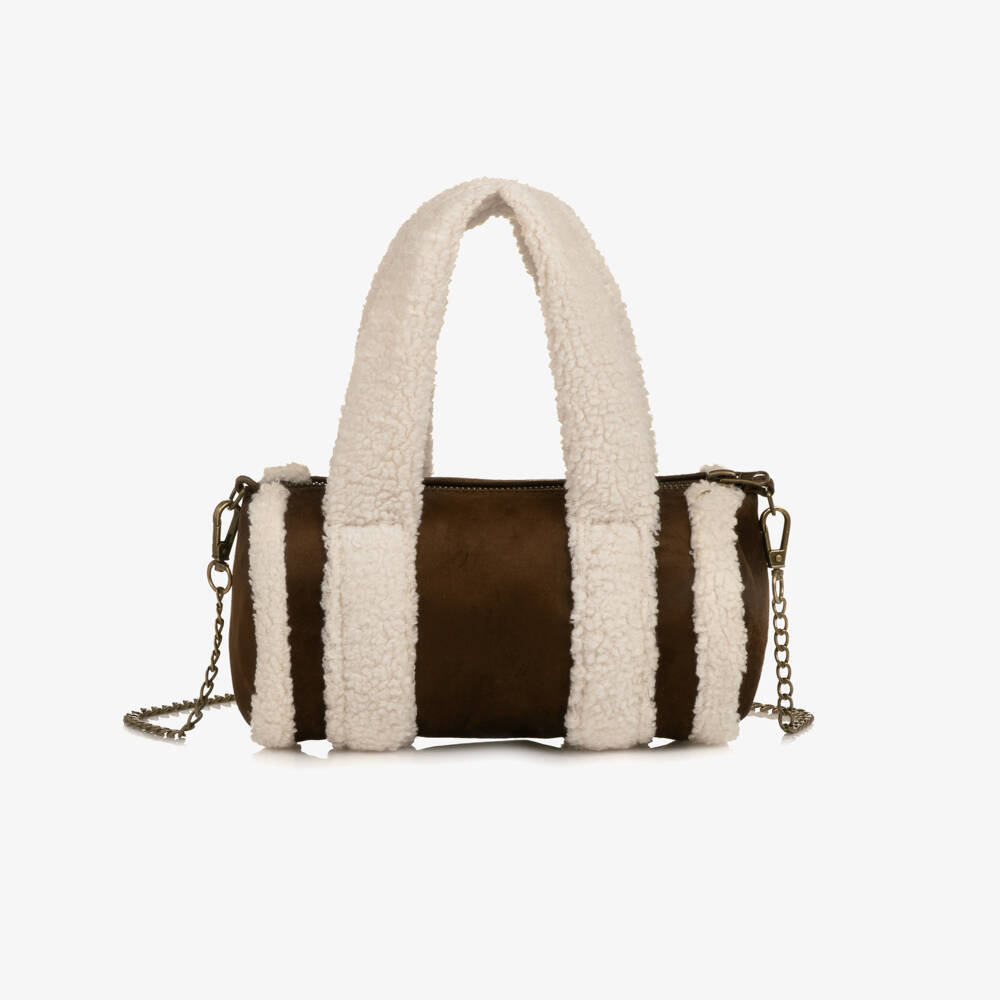 Monnalisa-Girls Brown Faux Suede & Sherpa Handbag (20cm) | Childrensalon