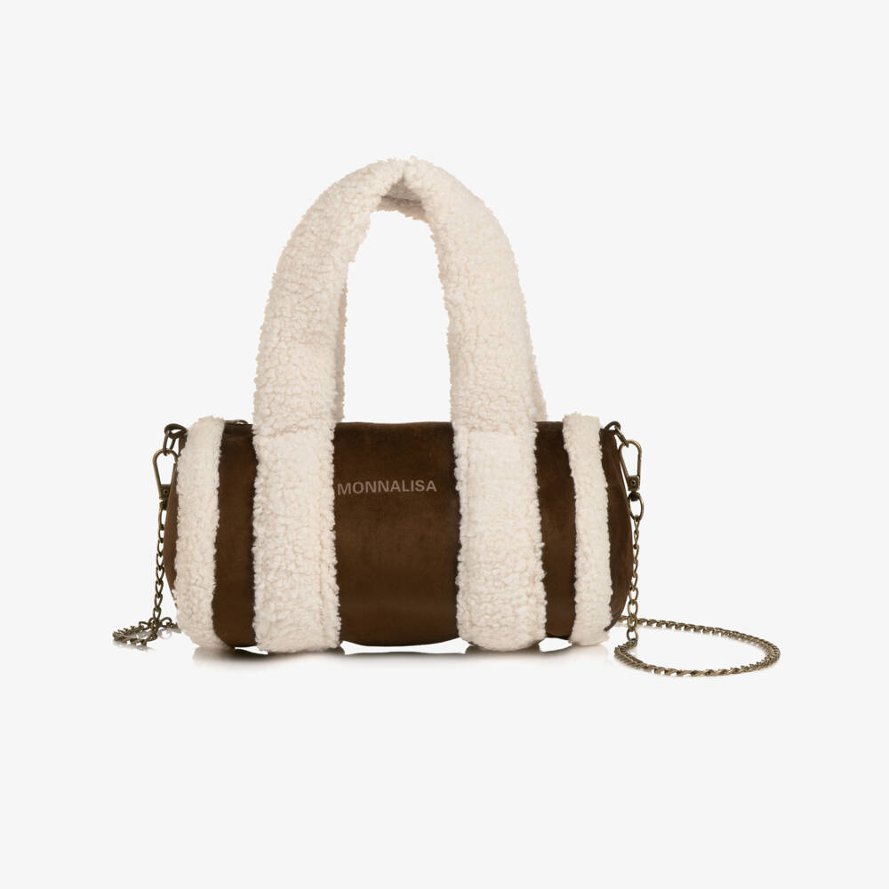 Monnalisa-Girls Brown Faux Suede & Sherpa Handbag (20cm) | Childrensalon
