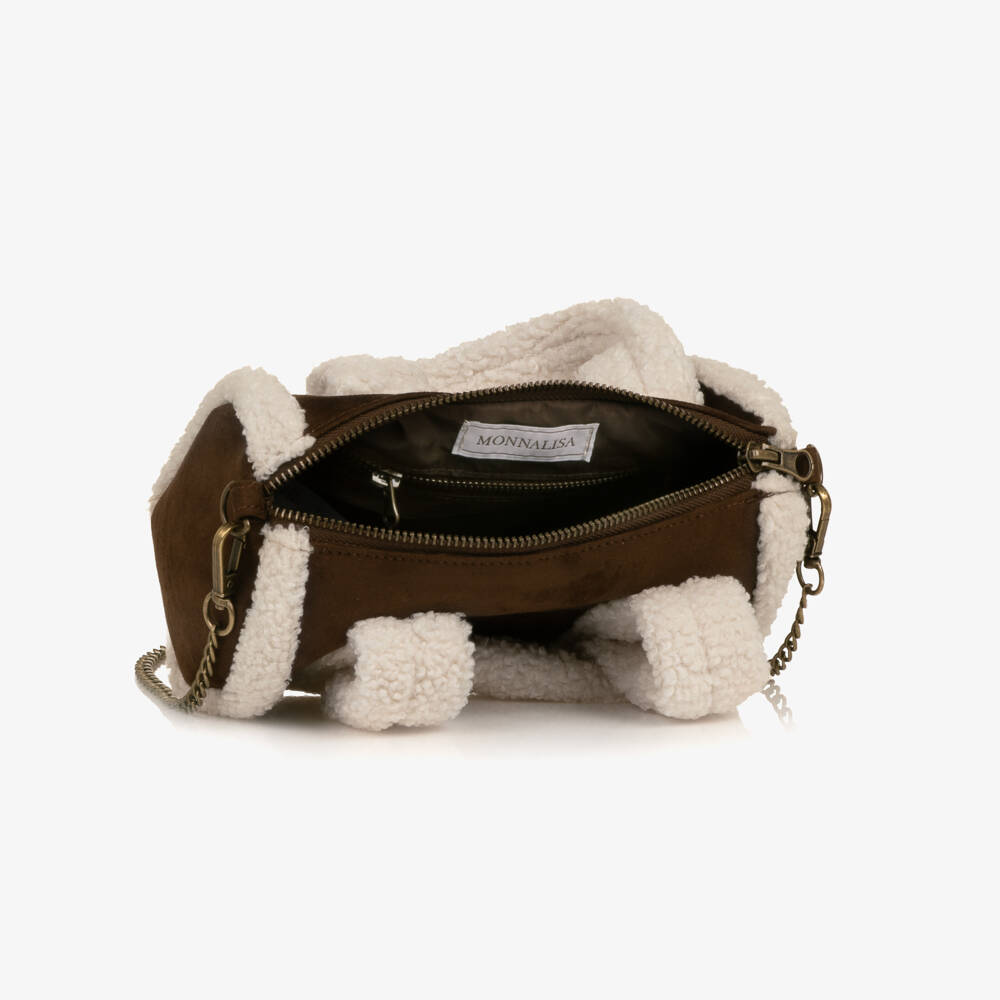 Monnalisa-Girls Brown Faux Suede & Sherpa Handbag (20cm) | Childrensalon