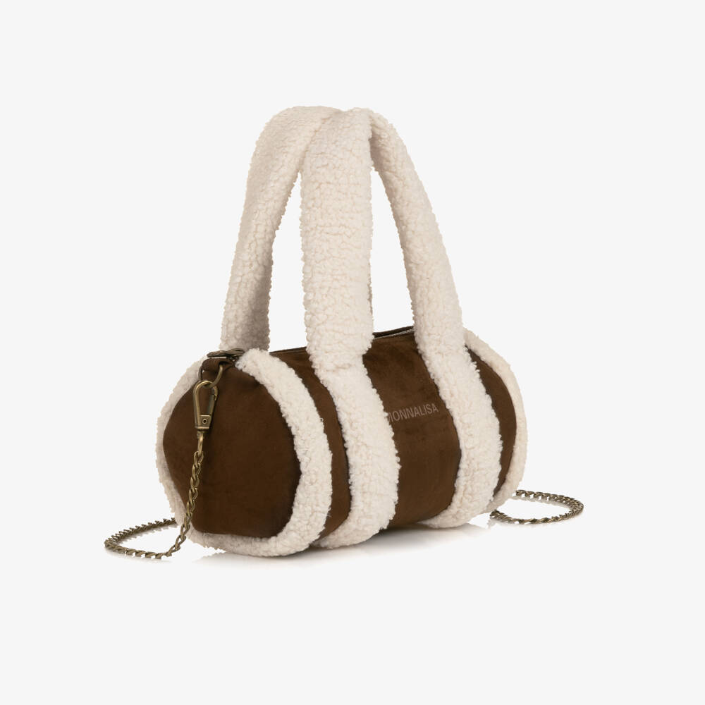 Monnalisa-Girls Brown Faux Suede & Sherpa Handbag (20cm) | Childrensalon
