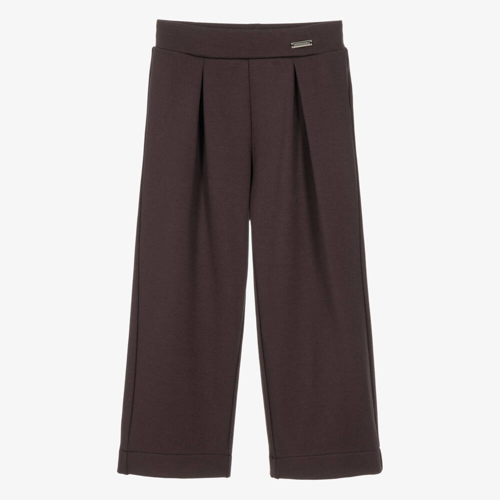 Monnalisa-Girls Brown High-Waisted Trousers with Pleats | Childrensalon