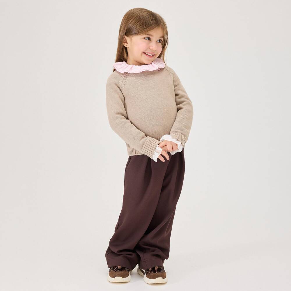 Monnalisa-Girls Brown High-Waisted Trousers with Pleats | Childrensalon