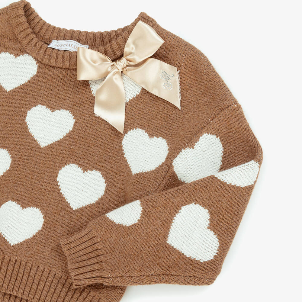 Monnalisa-Girls Brown & Ivory Heart Knitted Wool Sweater | Childrensalon