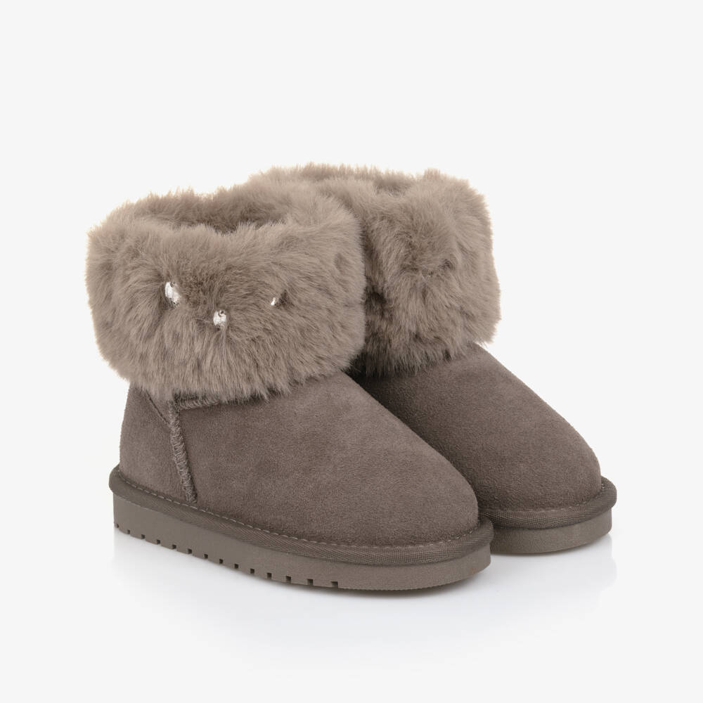 Monnalisa-Girls Brown Suede Leather & Faux Fur Boots | Childrensalon