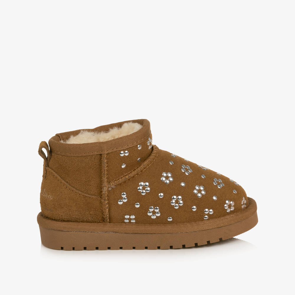 Monnalisa-Girls Brown Suede Studded Ankle Boots | Childrensalon