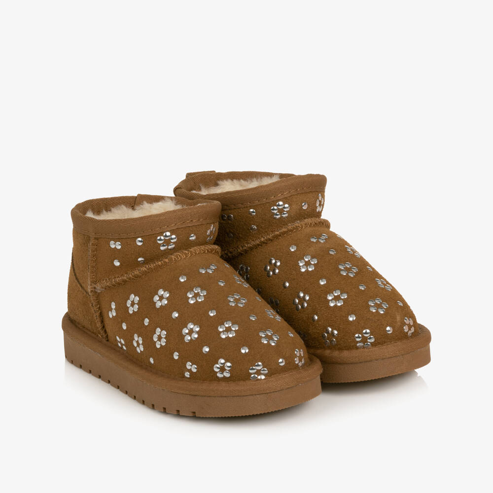 Monnalisa-Girls Brown Suede Studded Ankle Boots | Childrensalon