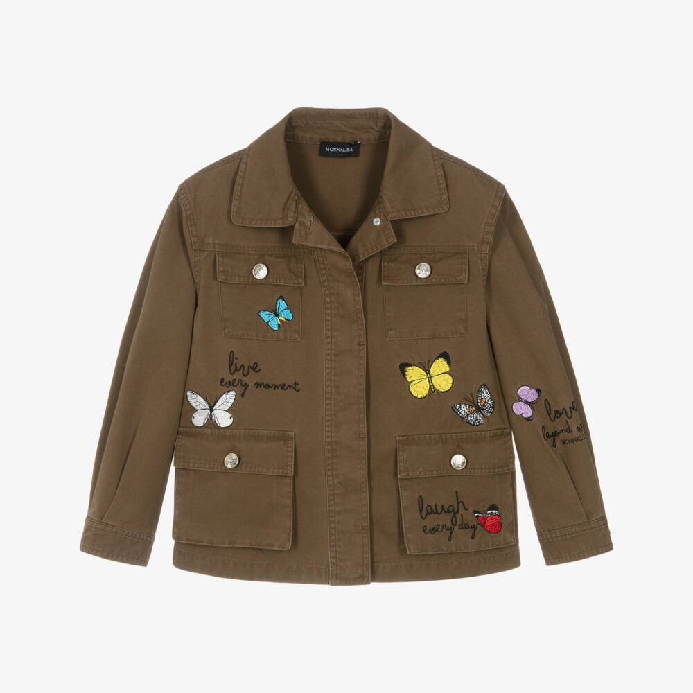 Monnalisa-Girls Brown Twill Jacket with Embroidered Butterflies | Childrensalon