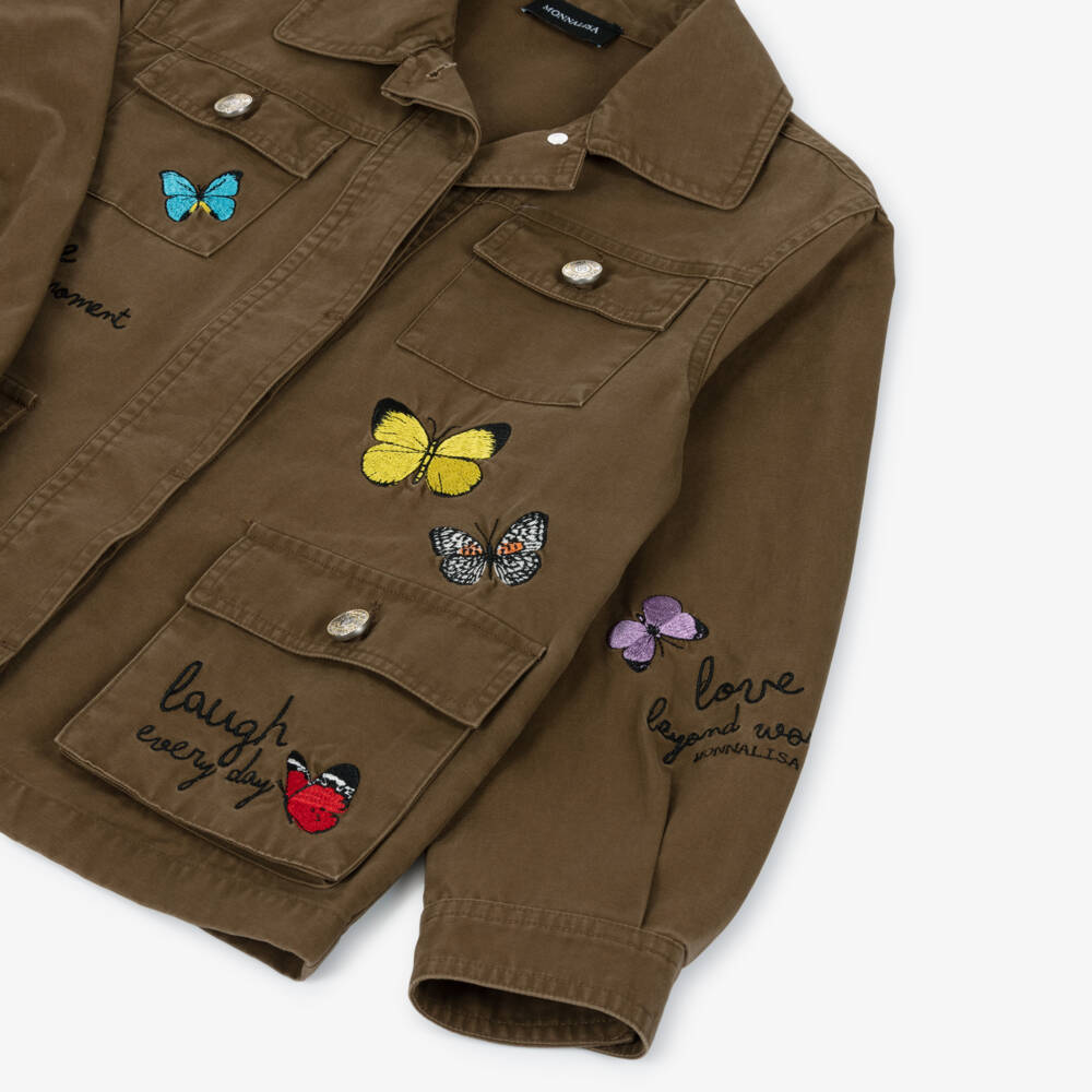 Monnalisa-Girls Brown Twill Jacket with Embroidered Butterflies | Childrensalon