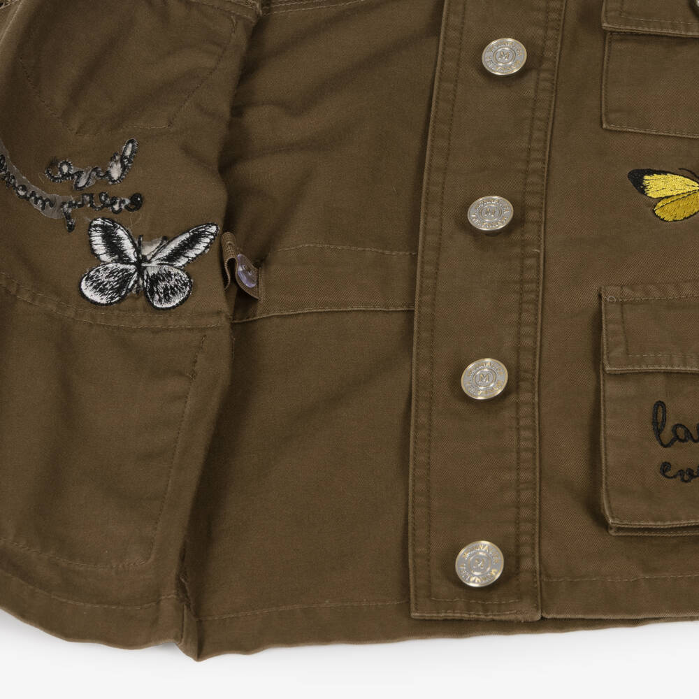 Monnalisa-Girls Brown Twill Jacket with Embroidered Butterflies | Childrensalon