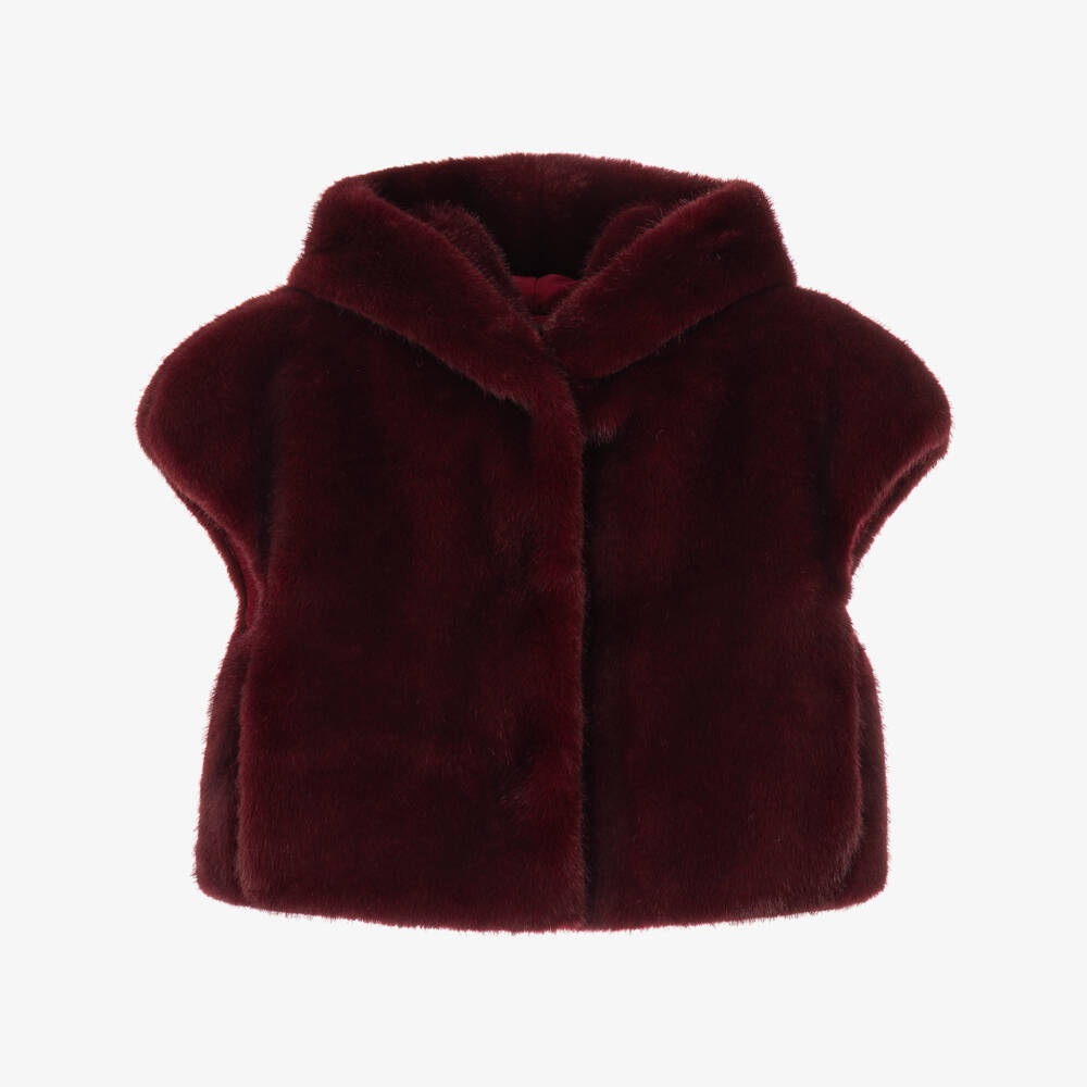 Monnalisa-Girls Burgundy Red Faux Fur Gilet with Hood | Childrensalon