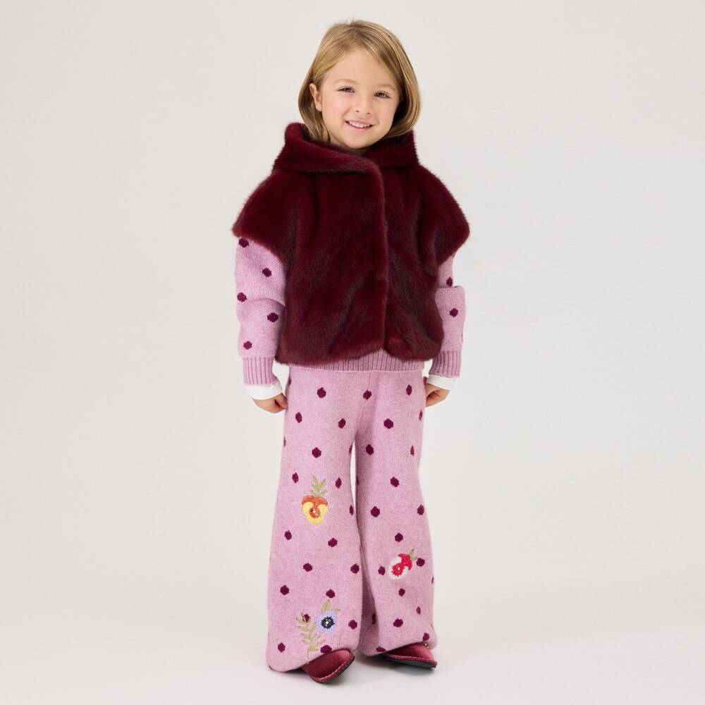 Monnalisa-Girls Burgundy Red Faux Fur Gilet with Hood | Childrensalon