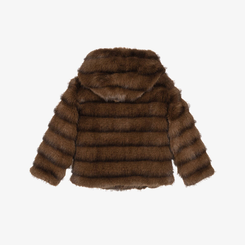 Monnalisa-Girls Chocolate Brown Faux Fur Jacket | Childrensalon