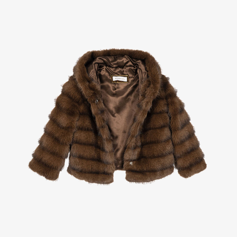 Monnalisa-Girls Chocolate Brown Faux Fur Jacket | Childrensalon