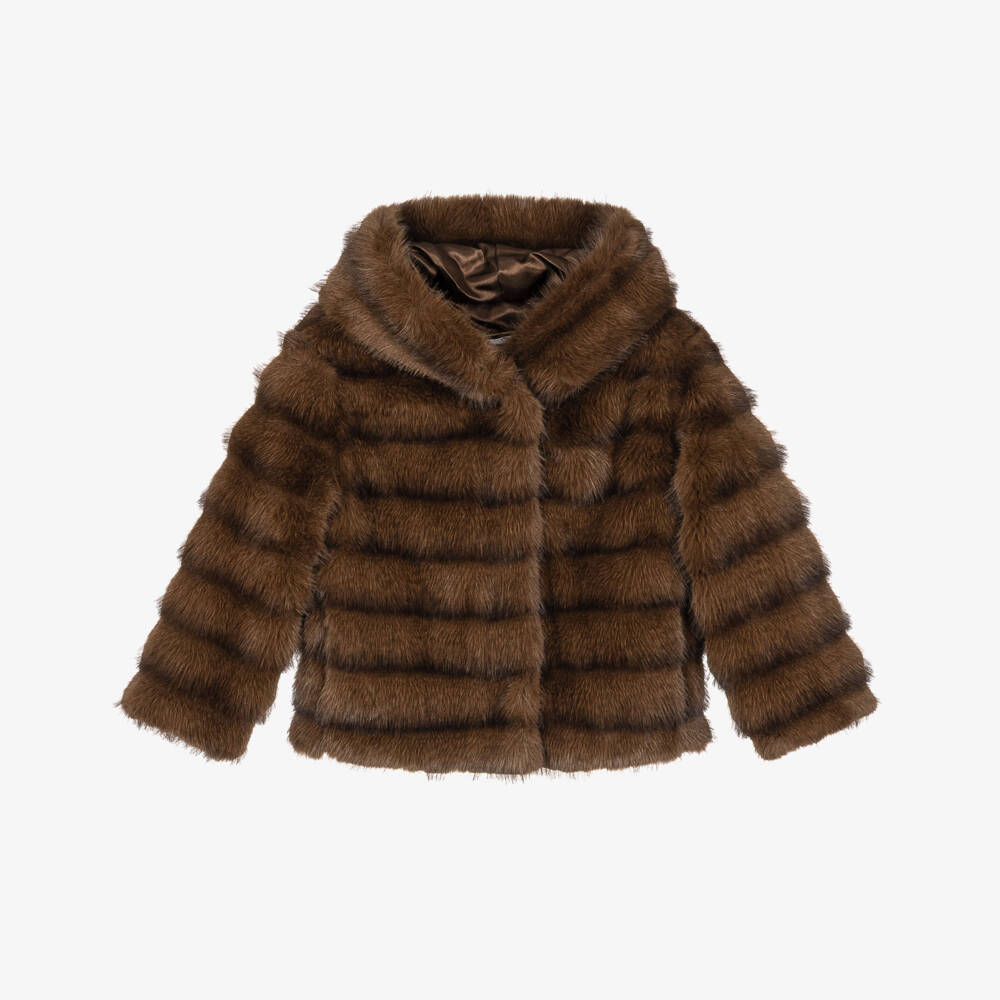 Monnalisa-Girls Chocolate Brown Faux Fur Jacket | Childrensalon