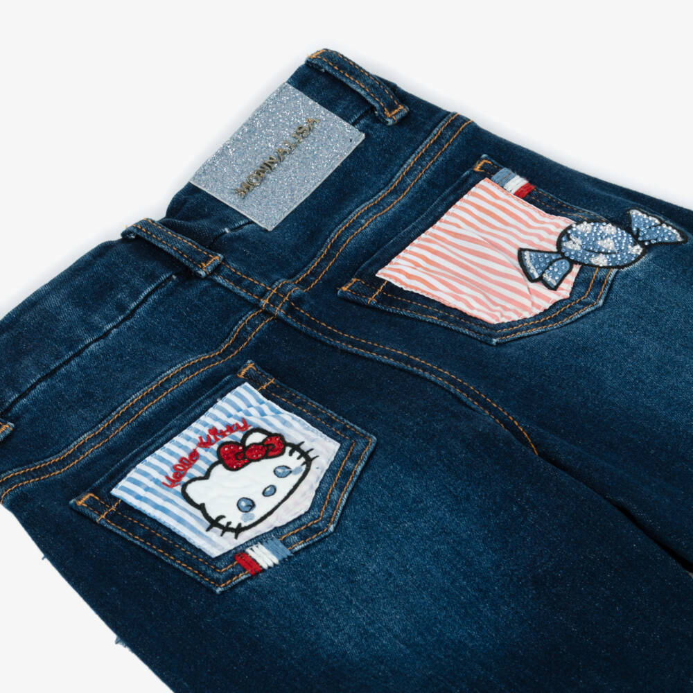 Monnalisa-Girls Dark Blue Denim Hello Kitty Jeans | Childrensalon