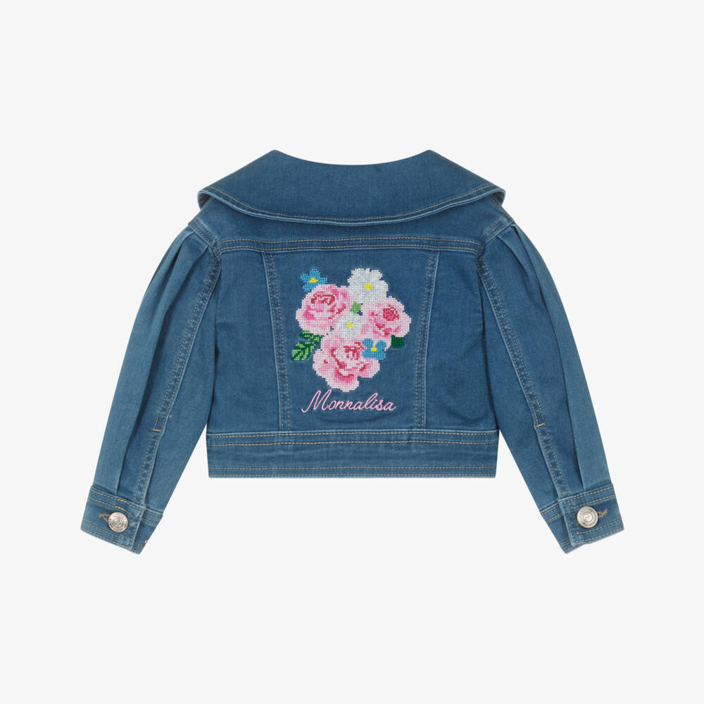 Monnalisa-Girls Denim-Blue Jacket with Cross Stitch Embroidery | Childrensalon