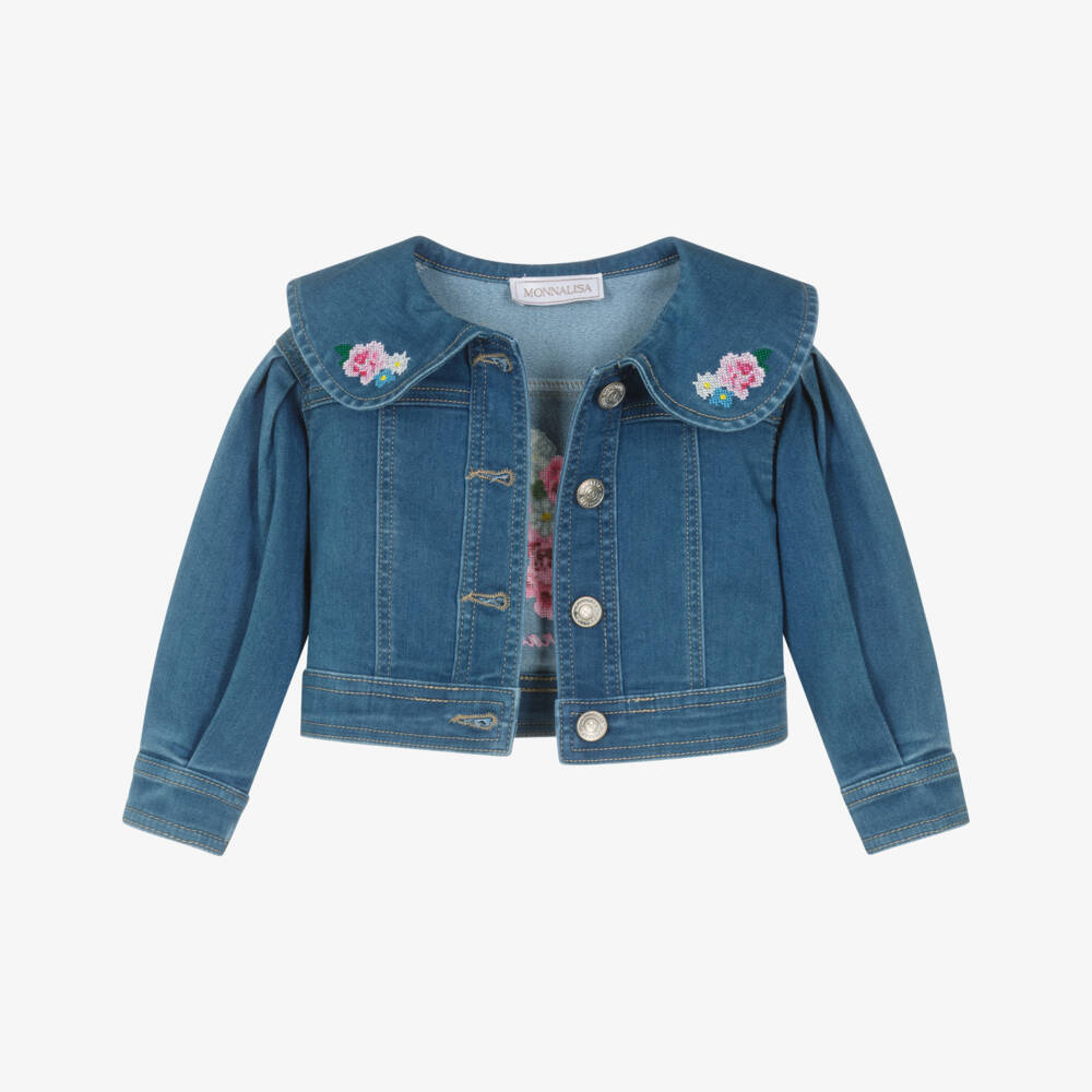 Monnalisa-Girls Denim-Blue Jacket with Cross Stitch Embroidery | Childrensalon