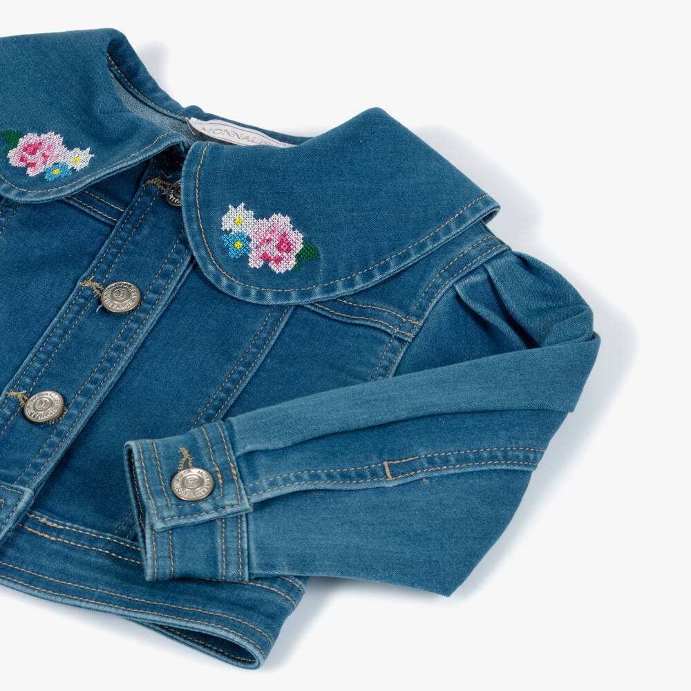 Monnalisa-Girls Denim-Blue Jacket with Cross Stitch Embroidery | Childrensalon