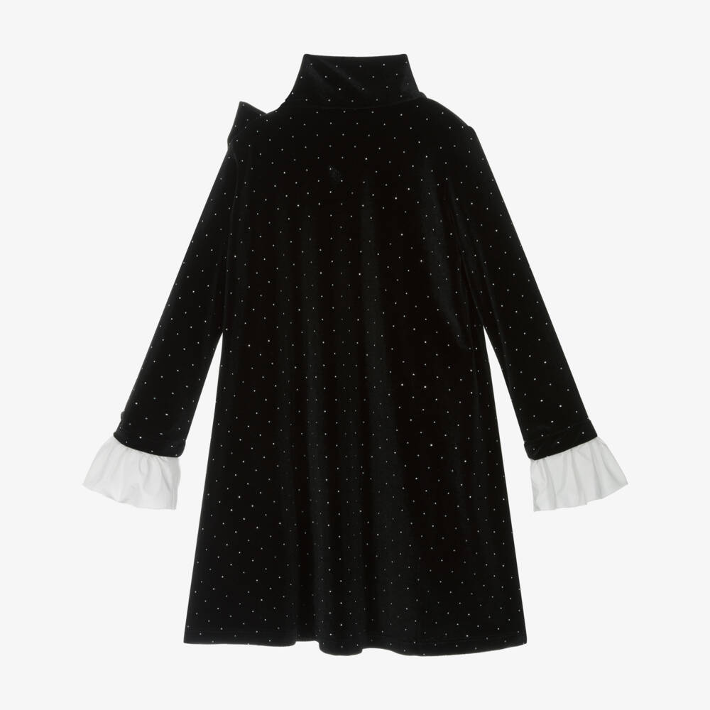 Monnalisa Chic-Girls Diamanté Embellished Black Velour Dress | Childrensalon
