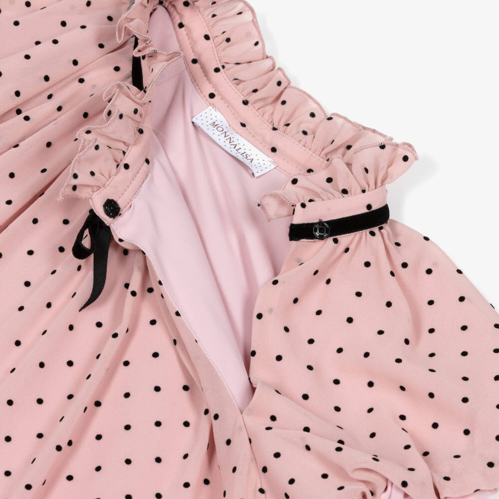 Monnalisa Chic-Girls Dusky Pink & Black Polka Dot Dress | Childrensalon