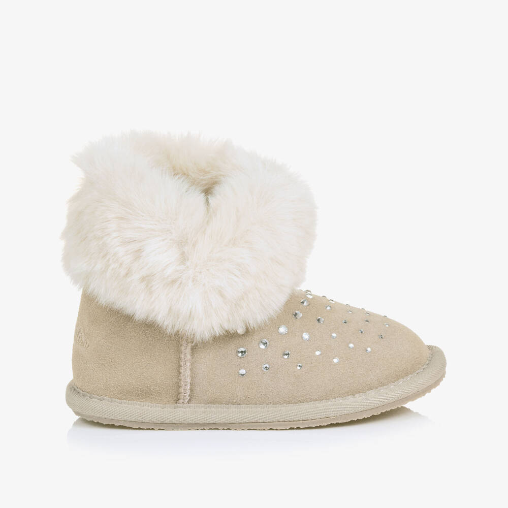 Monnalisa-Girls Embellished Suede Leather Boots in Taupe Beige | Childrensalon