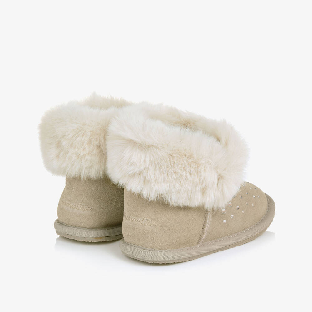 Monnalisa-Girls Embellished Suede Leather Boots in Taupe Beige | Childrensalon