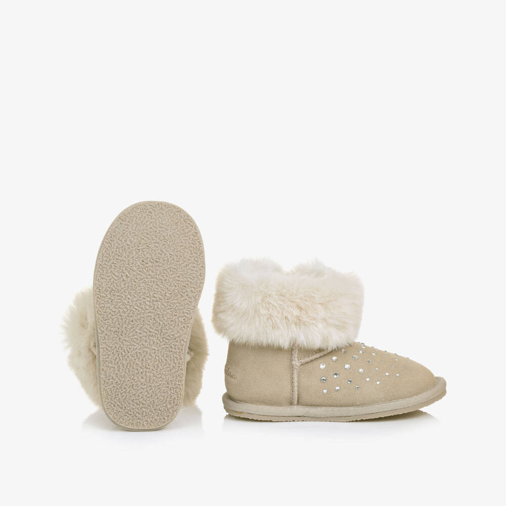 Monnalisa-Girls Embellished Suede Leather Boots in Taupe Beige | Childrensalon