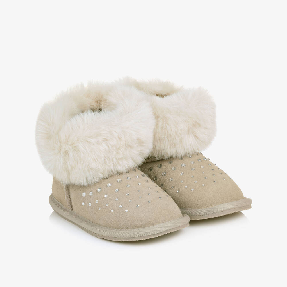 Monnalisa-Girls Embellished Suede Leather Boots in Taupe Beige | Childrensalon