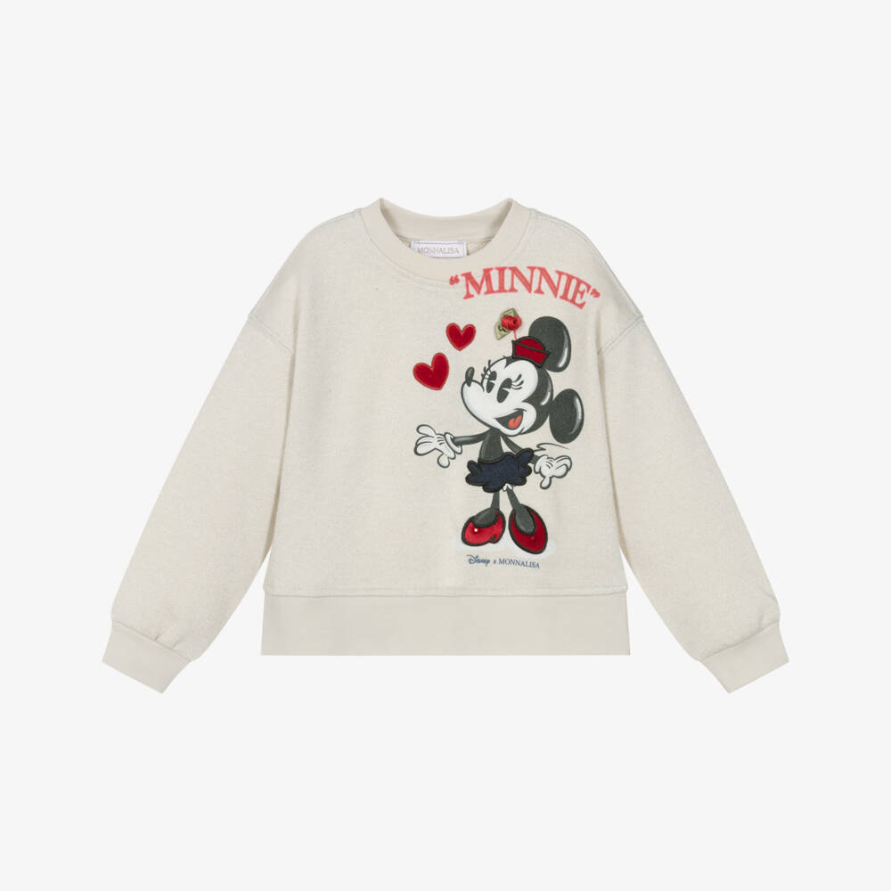 Monnalisa-Girls Glittery Ivory Cotton Minnie Mouse Sweatshirt | Childrensalon