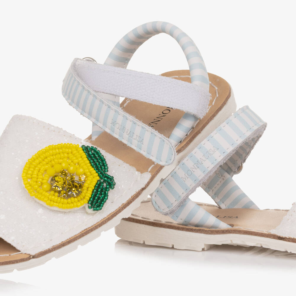 Monnalisa-Girls Glittery White leather Sandals with Lemon Detail | Childrensalon