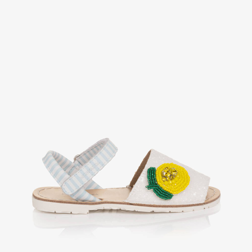 Monnalisa-Girls Glittery White leather Sandals with Lemon Detail | Childrensalon