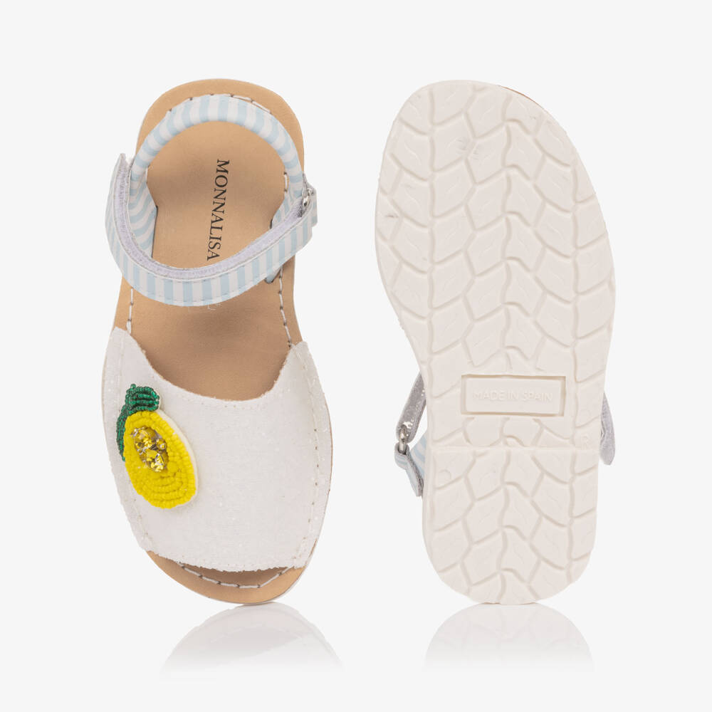 Monnalisa-Girls Glittery White leather Sandals with Lemon Detail | Childrensalon