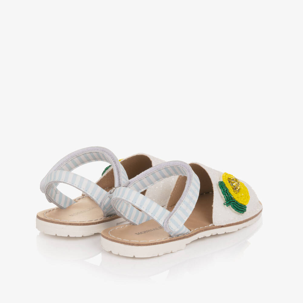 Monnalisa-Girls Glittery White leather Sandals with Lemon Detail | Childrensalon