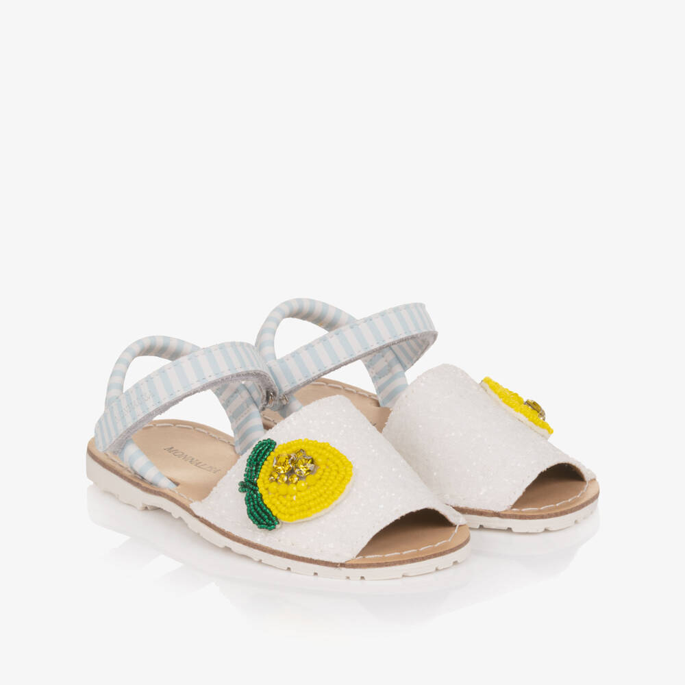 Monnalisa-Girls Glittery White leather Sandals with Lemon Detail | Childrensalon