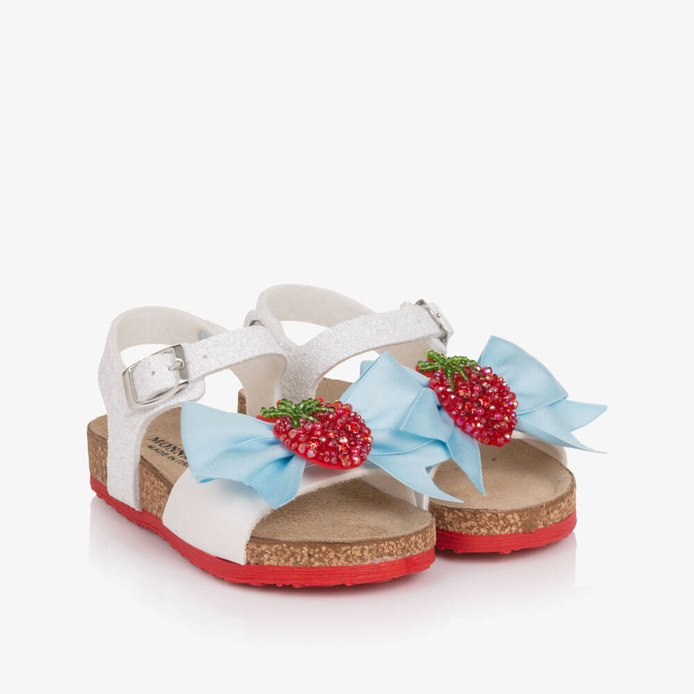 Monnalisa-Girls Glittery White Sandals with Strawberry Bow Detail | Childrensalon