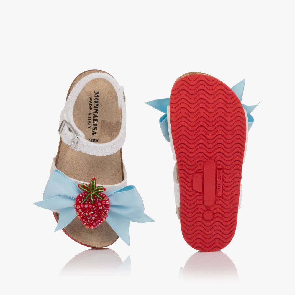 Monnalisa-Girls Glittery White Sandals with Strawberry Bow Detail | Childrensalon