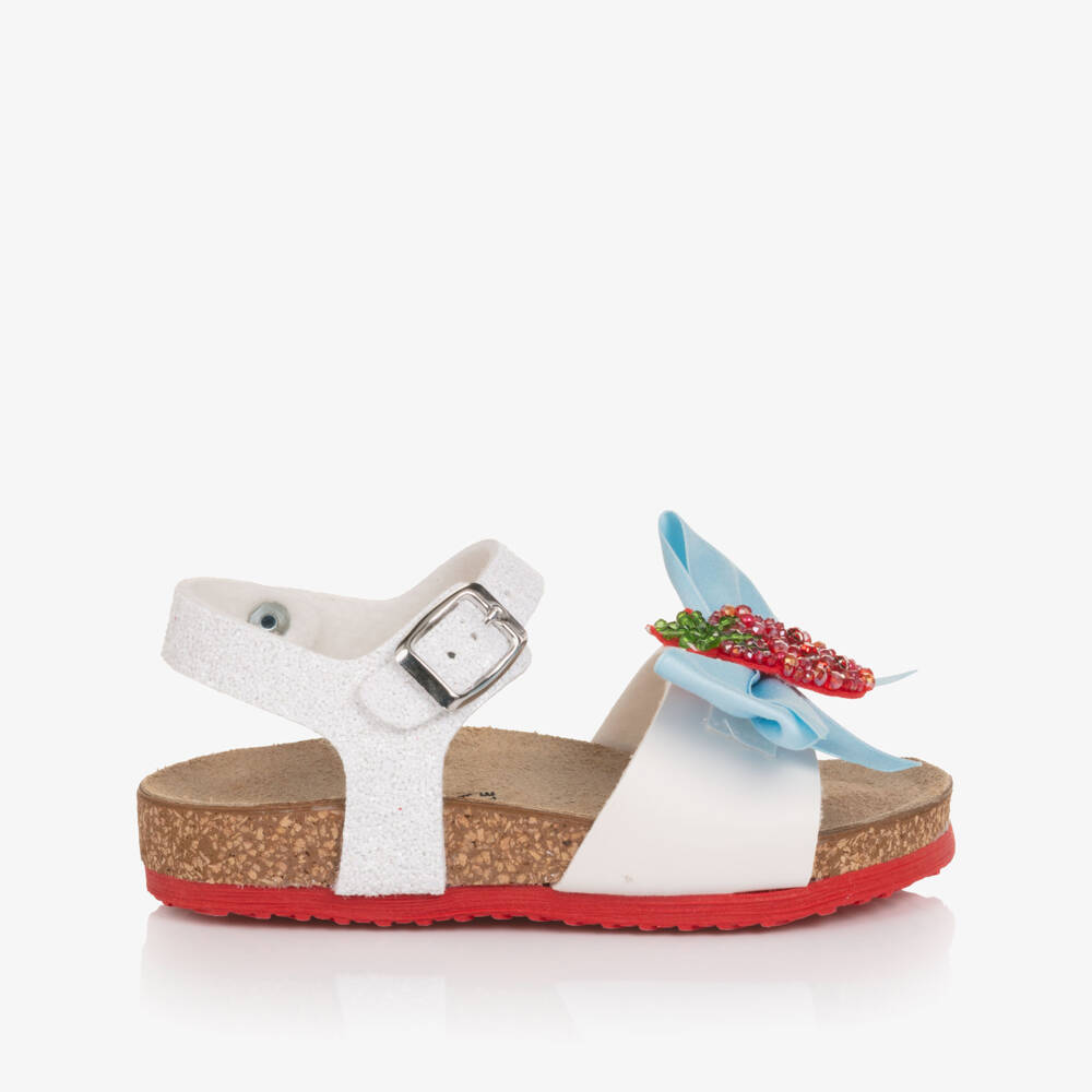 Monnalisa-Girls Glittery White Sandals with Strawberry Bow Detail | Childrensalon