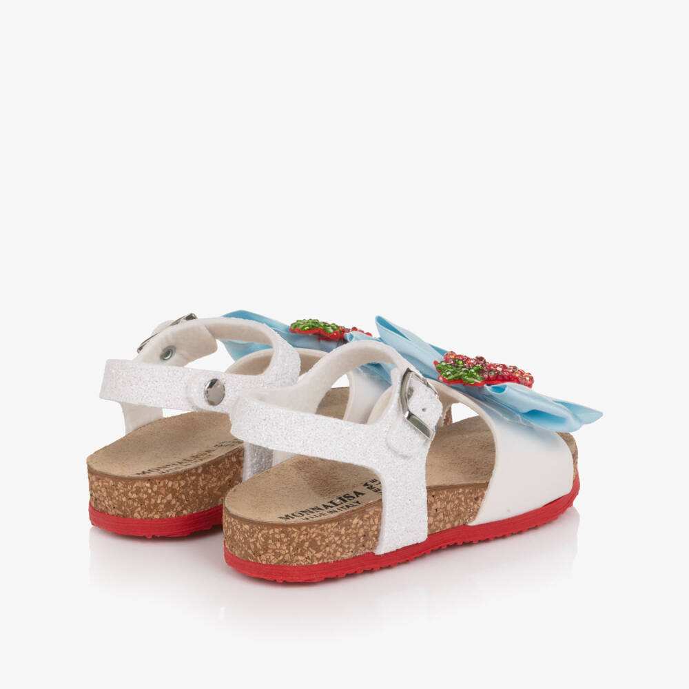 Monnalisa-Girls Glittery White Sandals with Strawberry Bow Detail | Childrensalon