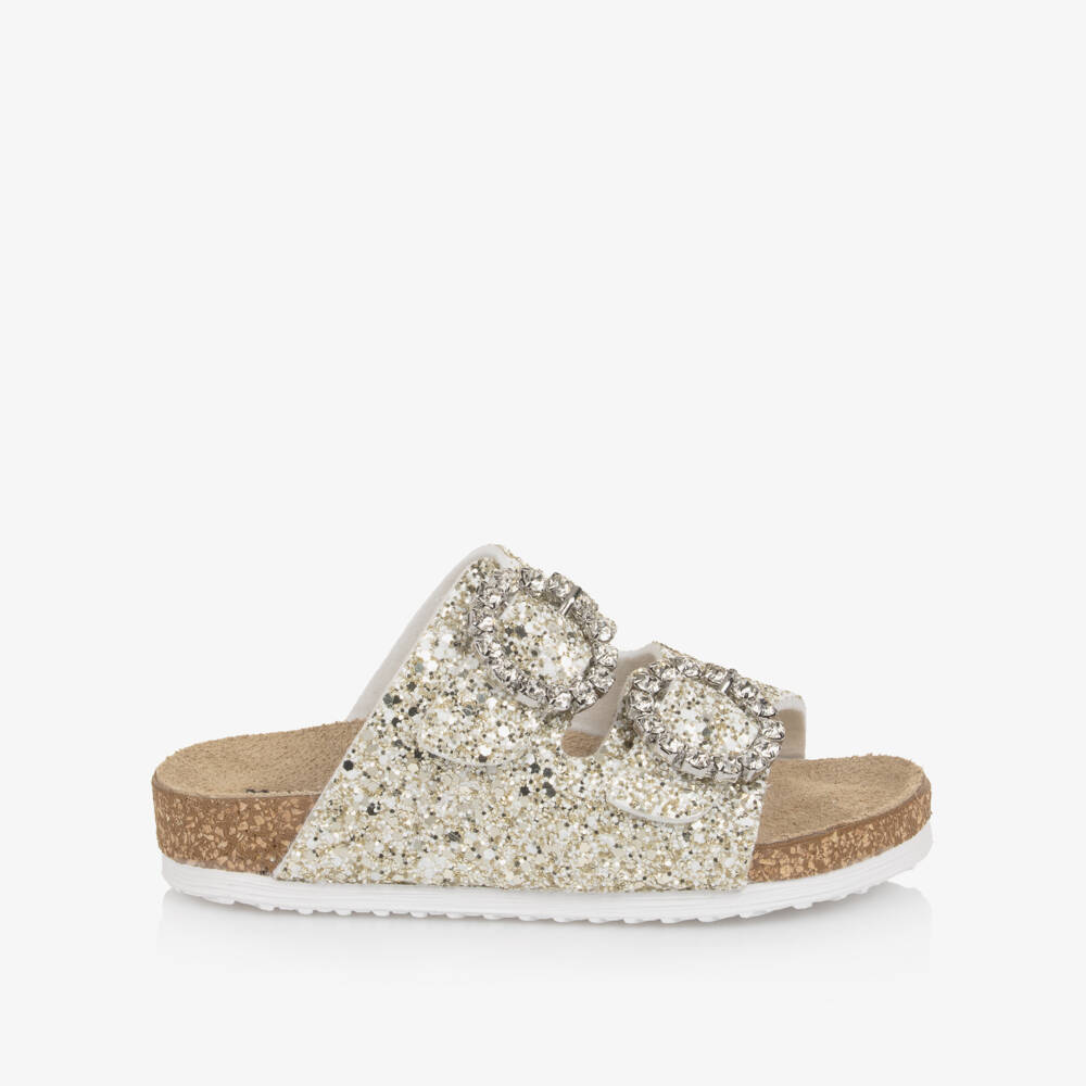 Monnalisa-Girls Gold Glitter Sandals with Diamanté Buckles | Childrensalon