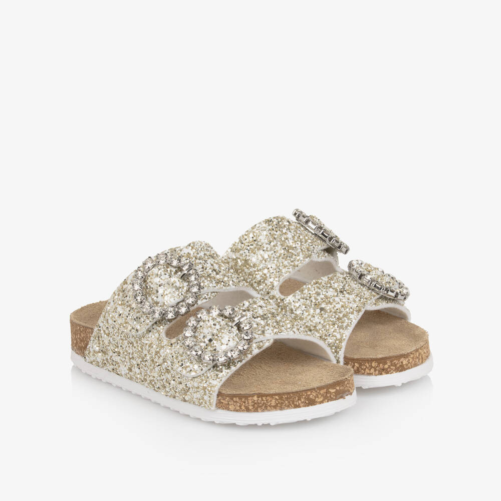 Monnalisa-Girls Gold Glitter Sandals with Diamanté Buckles | Childrensalon