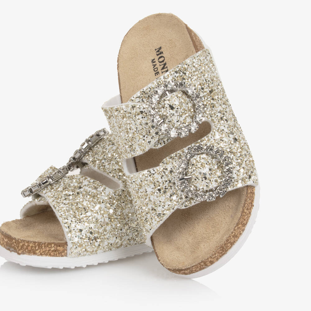 Monnalisa-Girls Gold Glitter Sandals with Diamanté Buckles | Childrensalon