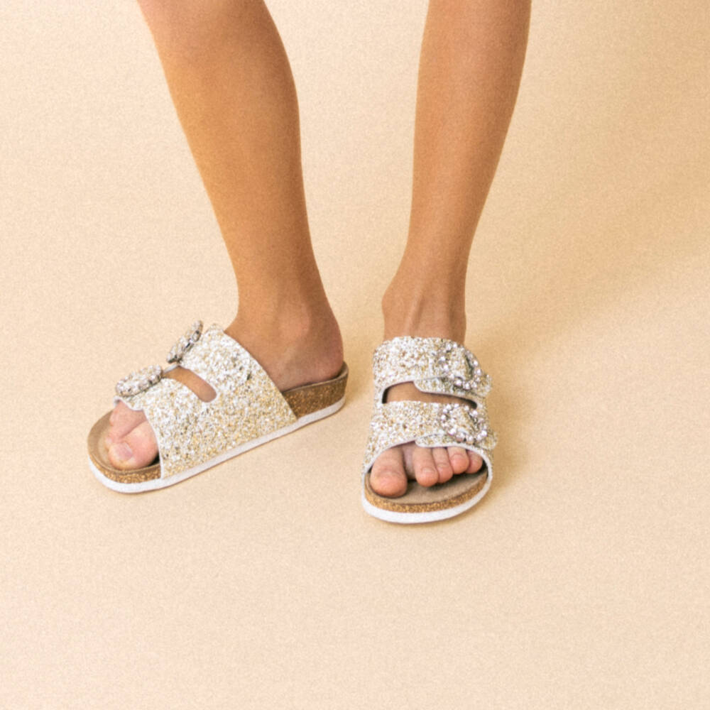 Monnalisa-Сандалии золотые блестящие с пряжками из страз для девочек | Childrensalon