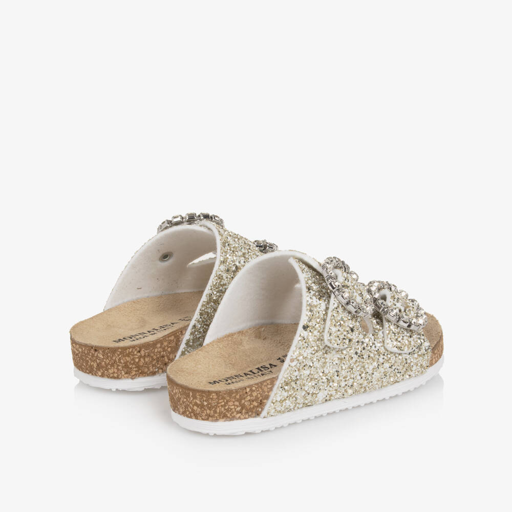 Monnalisa-Girls Gold Glitter Sandals with Diamanté Buckles | Childrensalon