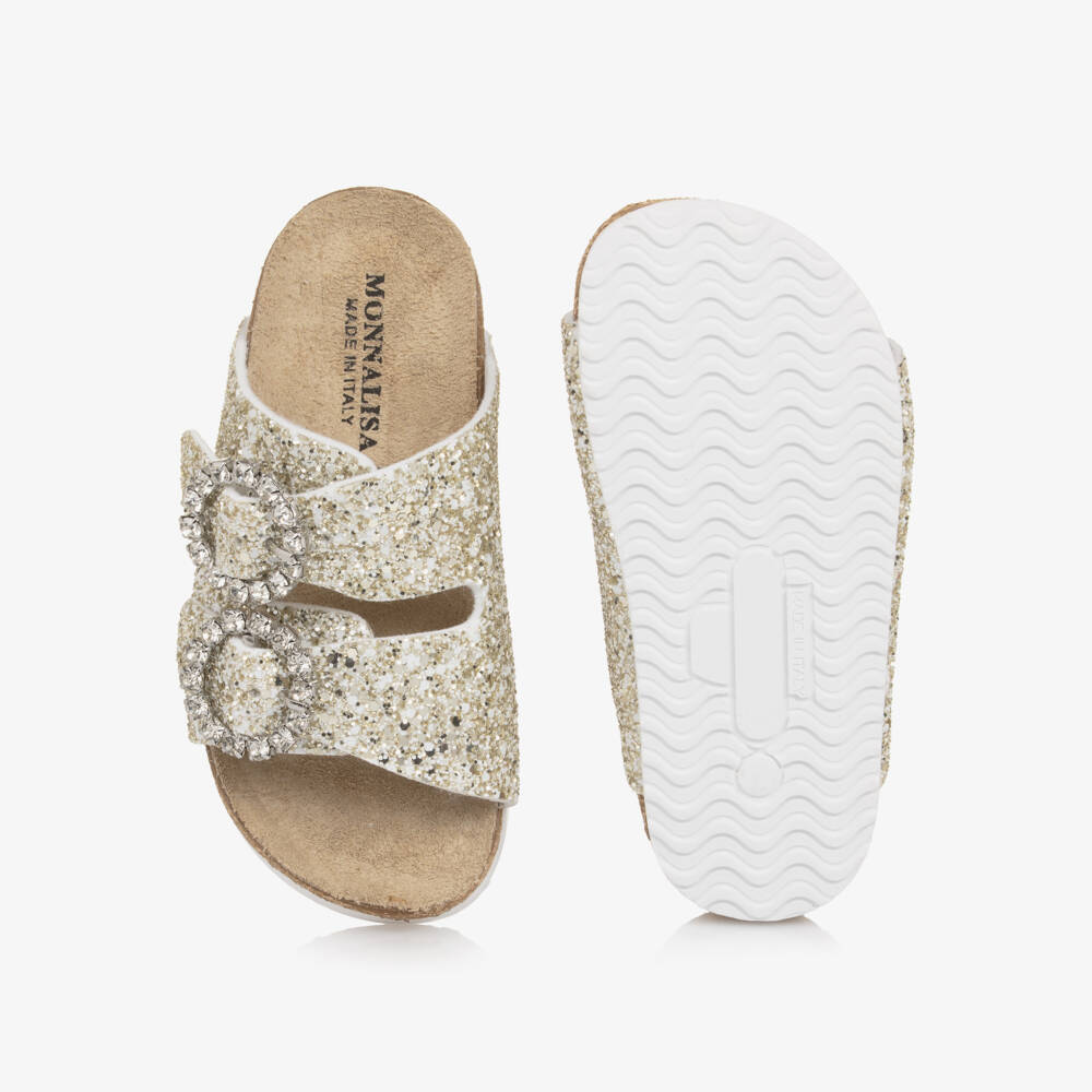 Monnalisa-Girls Gold Glitter Sandals with Diamanté Buckles | Childrensalon